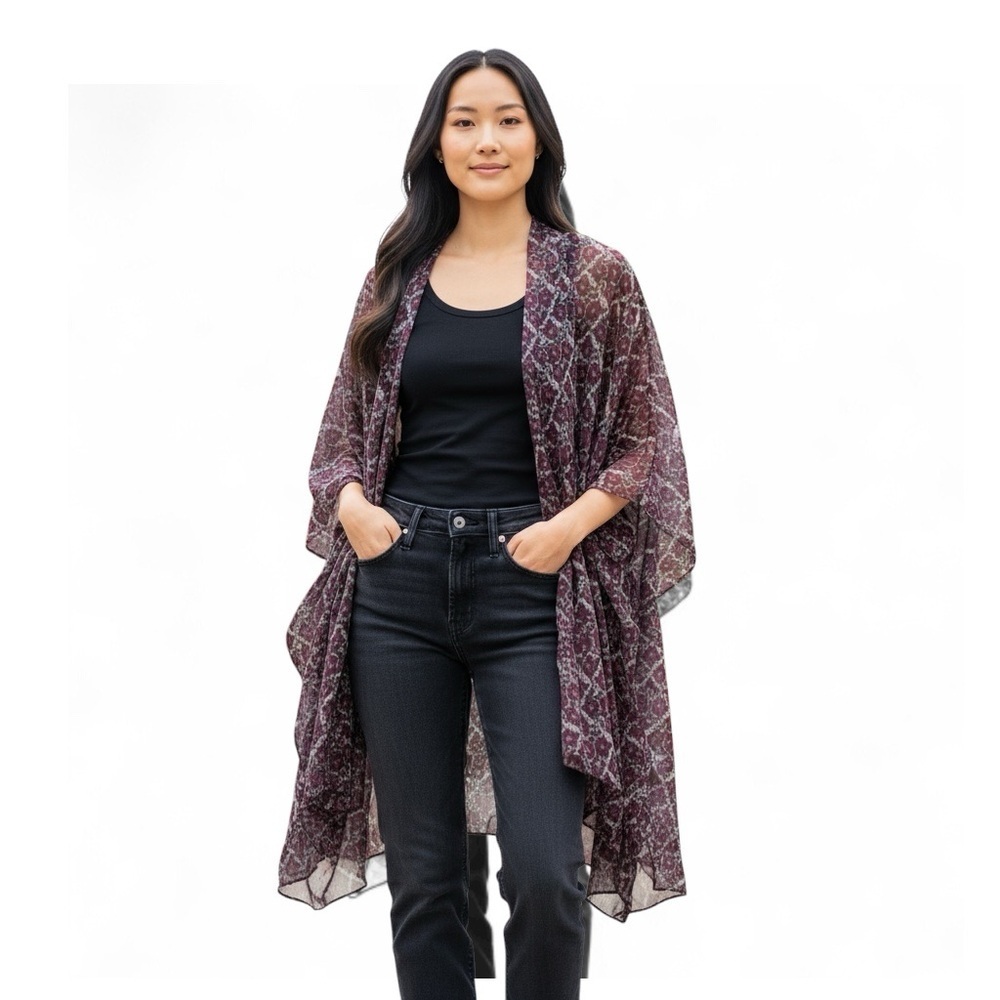 bcbgmaxazria | Purple &‎ Gray Floral Flowy Georgette One Size Kimono Style Top